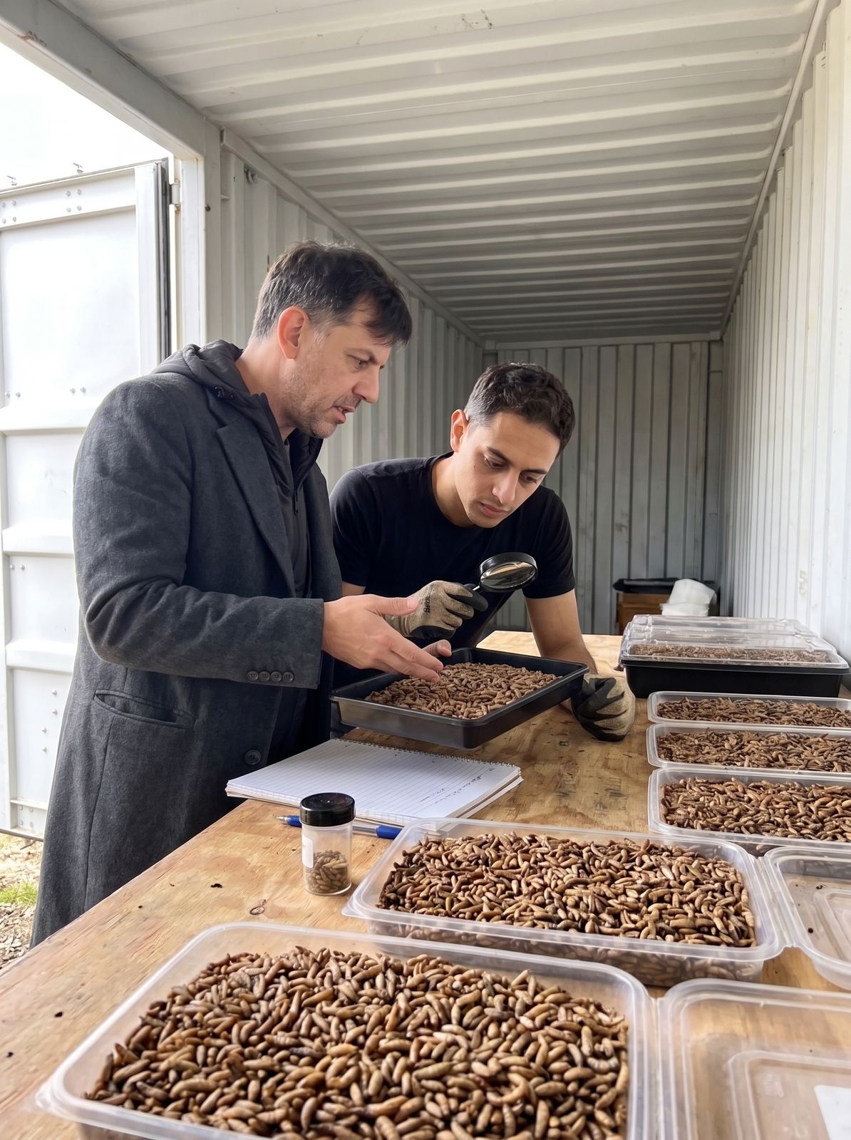 Gustavo y Lucas revisando bandejas de larvas BSF juntos