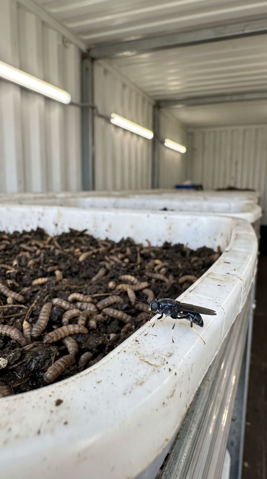 Mosca Soldado Negra sobre bandeja de larvas BSF